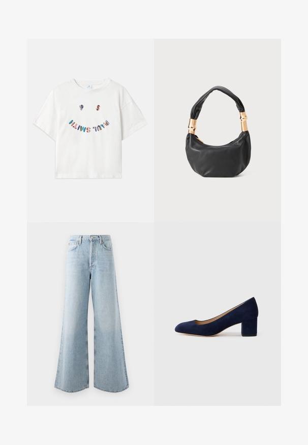 Biela bavlnená tričko s krátkymi rukávmi, okrúhlym výstrihom a farebnou grafikou "P.S. Smile" vytlačenou v zakrivenom usporiadaní na prednej strane.; Svetlomodré džíny s širokými nohavicami vyrobené z denimu, s vysokým pásom, piatimi vreckami a zapínaním na gombík/zips. Rozšírený lem pre väčší objem.; Námořnické modré semišové lodičky s špičatou špičkou a středním blokovým podpatkem. Hladká textura s jemným leskem a malým výstřihem vpředu.; Čierna kožená kabelka s guľatým tvarom, príjemnou textúrou a uzlíkovou rukoväťou s akcentmi zlatého tónu. Zipsové uzatvorenie.