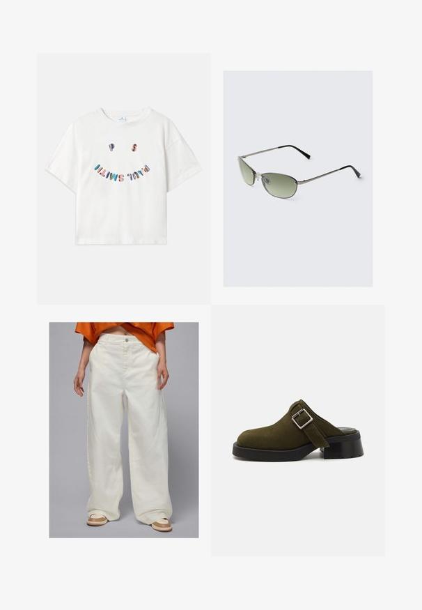 Balta kokvilnas t-krekls ar īsām piedurknēm, apaļu kakla izgriezumu un krāsainu "P.S. Smile" grafiku, kas drukāta noapaļotā formā uz priekšpuses.; Platām kājām baltas denima bikses ar sānu kabatām un taisnu griezumu, ar pogu aizdari un kontrastējošiem šuvju detalizējumiem.; Olive krāsas zamšs mūlis ar zemu, masīvu melnu papēdi. Iekšējā sānu siksna ar sudraba sprādzi regulēšanai. Kopumā gluda tekstūra.; Metāla saulesbrilles ar garenām zaļām lēcām, šauru sudraba rāmi un melniem tempļiem. Iespējotas nelielas deguna uzlikas ērtībām.