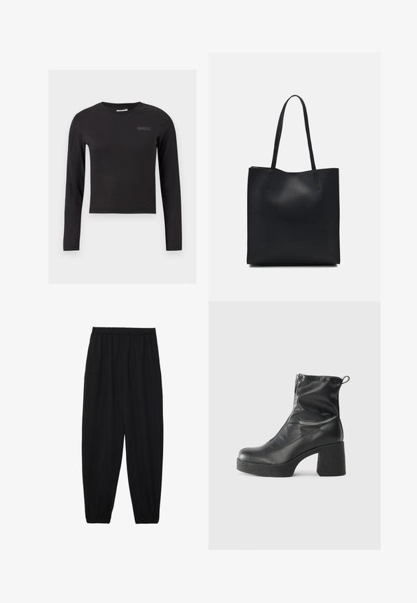 Fekete, hosszú ujjú crop top, rugalmas anyagból készült, kerek nyakkivágással és kis logóval a mellkasán.; Fekete, könnyű nadrág elasztikus derékkal és ráncolt bokákkal. Az anyag sima és laza, szűkített dizájnnal rendelkezik.; Fekete bokacsizmák sima bőrből, oldalsó cipzárral, vastag, texturált sarkú és lekerekített orrú dizájnnal.; Fekete bőrtáska sima felszínnel, téglalap alakú, két hosszú füllel. Nincs látható fémkiegészítő vagy díszítés.