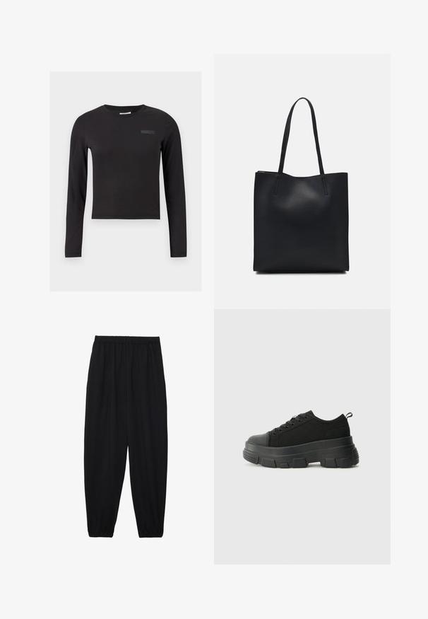 Čierny dlhý rukáv crop top vyrobený z elastického materiálu, so zaobleným výstrihom a malým logom tlačeným na hrudi.; Čierne, ľahké nohavice s elastickým pásom a zúženými nohavicami. Tkanina je hladká a má voľný, zúžený strih.; Čierne tenisky s masívnou gumovou podrážkou, textúrovaným textilným zvrškom, okrúhlou špičkou a šnurovaním. Obsahujú spevnené očká a zadný úchop.; Čierna kožená taška na rameno s hladkým povrchom, obdĺžnikovým tvarom a dvoma dlhými uchami. Bez viditeľného kovania alebo ozdôb.