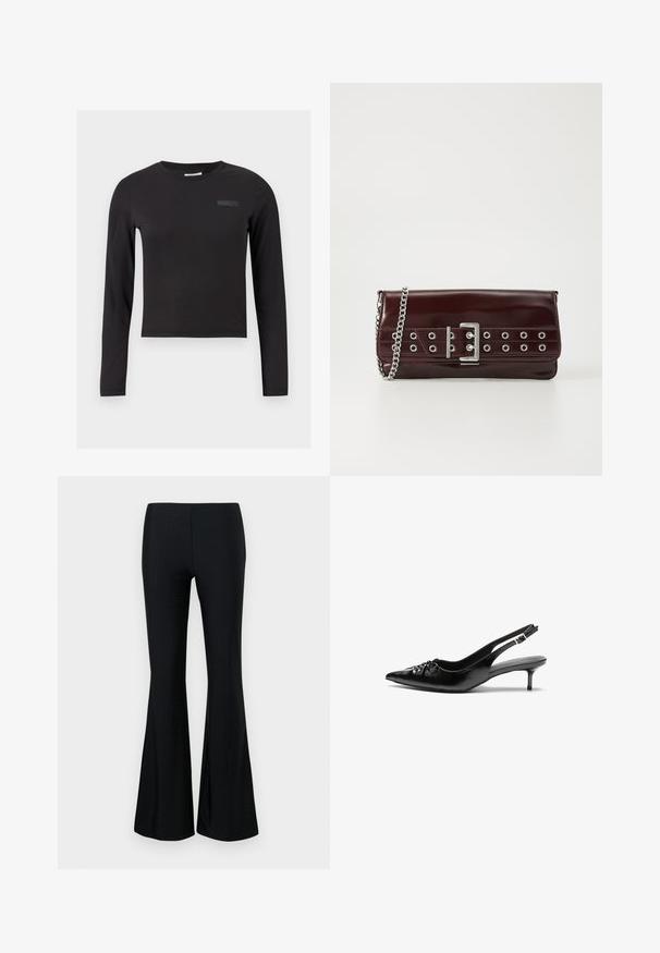 Svart långärmad crop top i stretchtyg, med rund halsringning och en liten logotyp tryckt på bröstet.; Svarta utsvängda byxor i lättviktstyg, med ett subtilt perforerat mönster. Silhuetten är åtsittande över låret och svänger ut i botten.; Svart läderslingback med spetsig tå, låg klack i kattunge-stil och veckdetalj på framdelen. Slät textur och minimalistisk design.; Burgundyröd konstläderklutch med en silverkedjesnor, med ett spänne-design och metallöglor på framsidan för extra detalj.