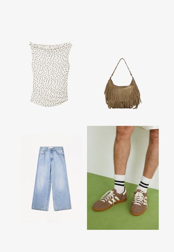 Off-white sleeveless top with black polka dots, soft fabric, ruched sides, and a draped neckline. End of garment features curved hem.; Bershka WIDE-LEG - Wide Leg - light-blue denim; Brown suede sneakers with white accents and laces. Rubber gum sole. Worn with white socks featuring black stripes. Green textured flooring.; Brown suede handbag with long fringe details, a curved shape, and a single shoulder strap. Features a smooth, textured surface.; Gold mesh choker necklace with a flat, flexible design. Features a chain extension for adjustable length. Smooth texture, minimalist look.