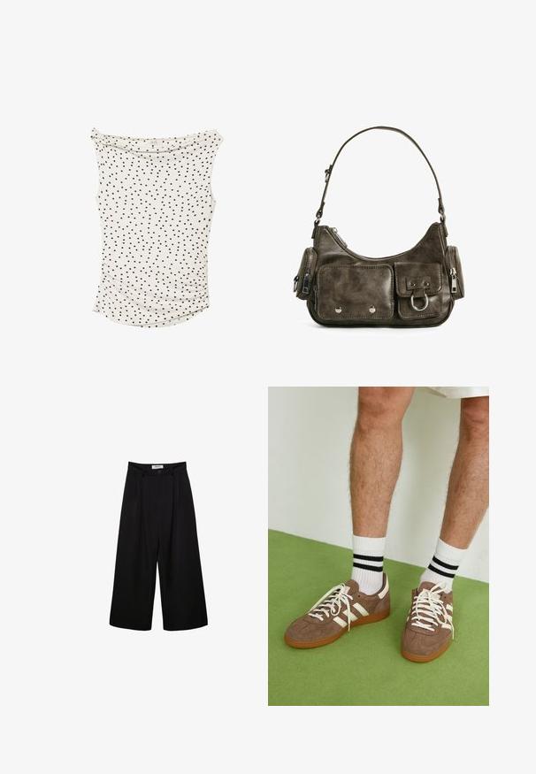 Off-white brezrokavni top z črnimi pikami, mehak material, zadrgo na straneh in drapirano dekolte. Na koncu oblačila je ukrivljen rob.; Črne široke hlače s visokim pasom, sploščeno spredaj in gumbom za zapiranje. Narejene so iz gladkega materiala s krojem po meri.; Rjavi semiš športni čevlji z belimi detajli in vezalkami. Gumijast podplat. Nošeni z belimi nogavicami z črnimi črtami. Zelena teksturirana talna obloga.; Temno zelena usnjena torbica s ukrivljeno obliko, z zadrgo in sprednjim žepom na poklopcu. Opremljena je s srebrnim okovjem in teksturirano površino.