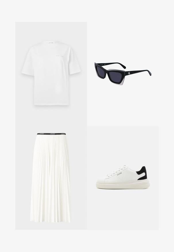 Biała bawełniana koszulka z krótkim rękawem, okrągłym dekoltem i minimalnym szarym logo z przodu. Gładka faktura, standardowy krój.; Plisowana biała spódnica z czarnym elastycznym pasem z logo "LACOSTE". Średniej długości, o miękkiej teksturze.; Białe skórzane sneakersy z grubą białą podeszwą, czarnym zamszowym akcentem na pięcie oraz wytłoczonym logotypem z boku. Projekt z sznurówkami i sześcioma dziurkami.; Czarne, oversize okulary przeciwsłoneczne o geometrycznym kształcie, z ciemnymi soczewkami i kontrastującym szarym detalem na oprawie. Logo na ramieniu.