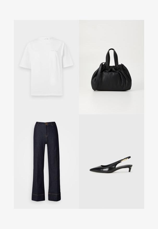 T-shirt en coton blanc à manches courtes, col rond et détail minimal en logo gris à l'avant. Texture lisse, coupe régulière.; Pantalons large en denim foncé à taille haute, avec une fermeture à bouton sur le devant et des accents de couture orange. Texture lisse sur l'ensemble.; Talons hauts en cuir noir avec un bout pointu, dotés d'un talon fin et d'un accent en ton or sur la lanière réglable. Texture lisse.; Sac à main en cuir noir avec un design à haut froncé, doté de deux poignées courtes et d'une bandoulière longue et réglable. Texture lisse, forme arrondie.