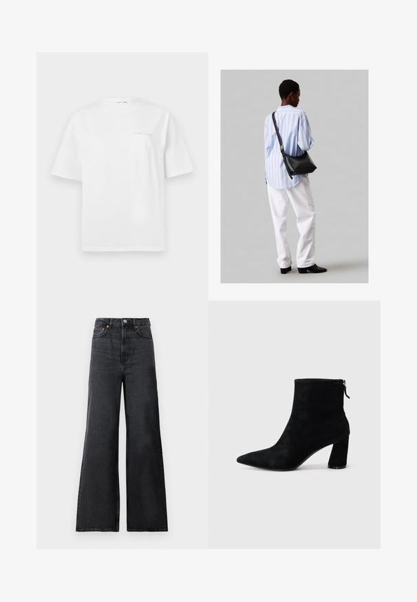 Valkoinen puuvillapaita lyhyillä hihoilla, pyöreällä kaula-aukolla ja vähäisellä harmaalla logotunnuksella edessä. Sileä rakenne, normaali istuvuus.; Mustat farkut, joissa on leveät lahkeet ja korkea vyötärö, varustettuna metallinappikiinnityksellä, etutaskuilla ja hillityllä haalistumisella kankaassa.; Musta nubukista valmistettu nilkkuri, jossa on terävä kärki, takana vetoketju ja paksu korkea korko. Sujuva pinta ja minimalistinen muotoilu.; Musta nahkainen olkalaukku, jossa on pehmeä rakenne, kolmion muoto ja säädettävä hihna, yhdistettynä vaaleansiniseen raidalliseen paitaan ja valkoisiin housuihin.
