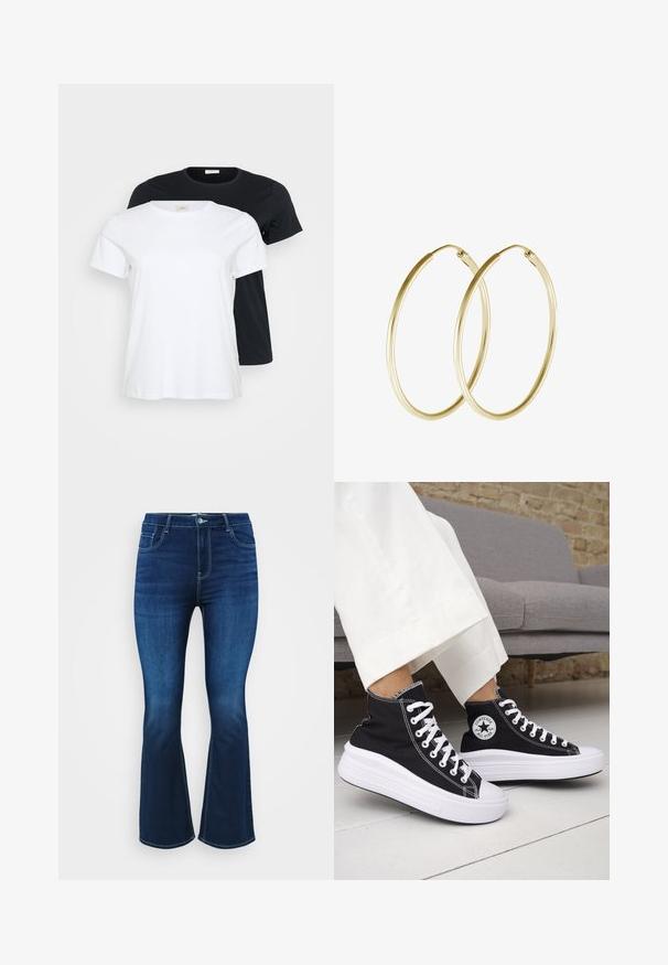 Dve majice, ena bela in ena črna, z kratkimi rokavi, okroglim ovratnikom in gladkim bombažnim materialom.; Temno modri široki kavbojke izdelane iz denim materiala, z obliko petih žepov, zadrgo in gumbom, ter kontrastnim šivanjem ob šivih.; Črni visoki supergi z belimi gumijastimi podplati in vezalkami. Na njih je okrogel logotip in kontrastno belo šivanje. Iz blaga platna.; Zlate obročaste uhane z gladkim, zaobljenim dizajnom in sijočo končno obdelavo. Lahka konstrukcija z varnim zapiranjem.