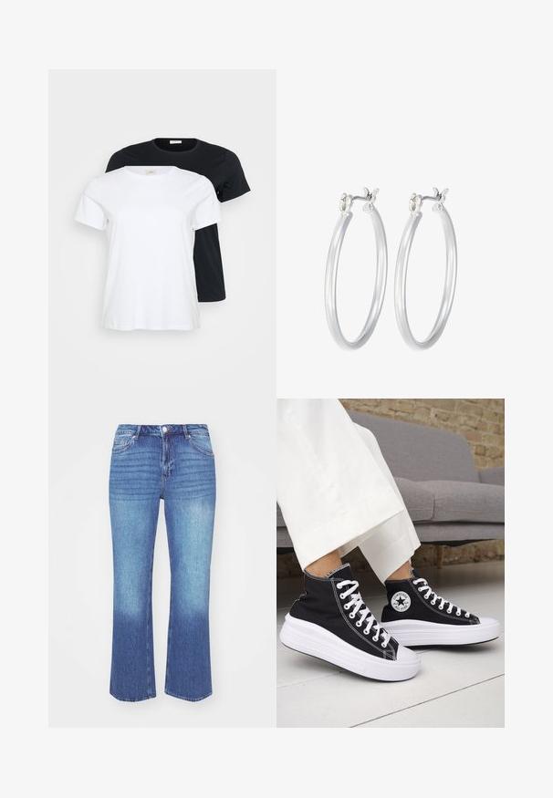 Dve majice, ena bela in ena črna, z kratkimi rokavi, okroglim ovratnikom in gladkim bombažnim materialom.; Jeans iz denima v svetlo do srednje modrem gradientu. Imajo ravno kroj, pet žepov in našite detajle vzdolž šivov.; Črni visoki supergi z belimi gumijastimi podplati in vezalkami. Na njih je okrogel logotip in kontrastno belo šivanje. Iz blaga platna.; Srebrni obroči za ušesa z gladko, polirano površino. Okrogla oblika in varna zaponka s klikom. Lahka zasnova, primerna za vsakodnevno nošenje.