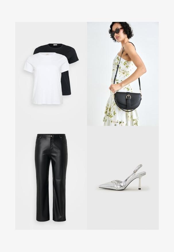 Divas T-krekli, viens balts un viens melns, ar īsām piedurknēm, apaļu kakla izgriezumu un gludu kokvilnas tekstūru.; Melnas mākslīgās ādas bikses ar taisnu griezumu, ar jostas cilpām, priekšpogu kabatām un rāvējslēdzēju ar pogu aizdari. Gluda tekstūra.; Sudraba slingback augstpapēžu kurpe ar norādītu purngalu, metālisku apdari, diviem dekoratīviem siksniņām un plānu papēdi ar melnu galu.; Melnas ādas rokassoma ar izliekta formu, noņemamu siksnu un zelta aksesuāriem. Somai ir vāciņš ar sprādzes detaļu.