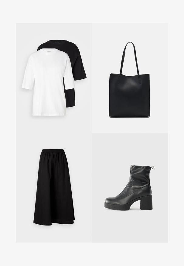 Zwei kurzärmelige T-Shirts, eines weiß und eines schwarz, aus Baumwolle. Sie verfügen über einen Rundhalsausschnitt und einen lockeren, entspannten Schnitt mit einer glatten Textur.; Schwarzer, knielanger Rock aus leichtem Material mit elastischem Bund und entspannter, A-Linien-Silhouette. Hat keine sichtbaren Muster.; Schwarze Stiefeletten aus glattem Leder mit seitlichem Reißverschluss, klobigem strukturiertem Absatz und runder Zehenform.; Schwarze Laptoptasche aus Leder mit glatter Textur, rechteckiger Form und zwei langen Griffen. Keine sichtbaren Beschläge oder Verzierungen.