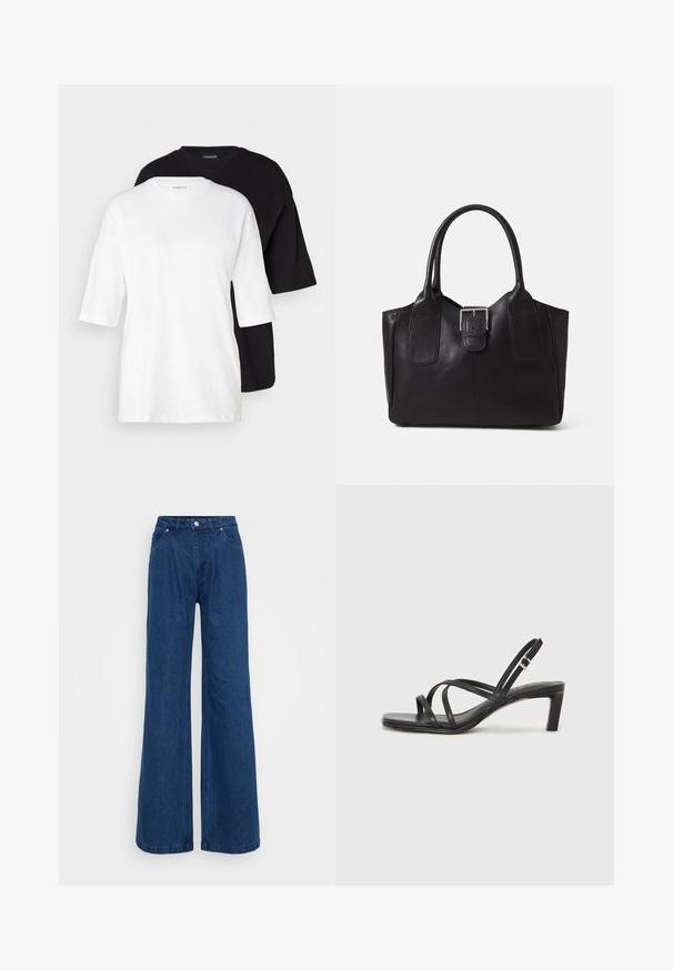 Dos camisetas de manga corta, una blanca y una negra, hechas de algodón. Cuentan con un cuello redondo y un corte holgado y relajado con una textura suave.; Pantalones vaqueros de mezclilla azul de pierna ancha con cintura alta, cierre frontal de botón y cremallera, y bolsillos delanteros y traseros sobre un fondo liso.; Sandalia negra de tiras con punta cuadrada y tacón bajo de bloque. Presenta múltiples tiras delgadas y una correa ajustable en el tobillo. Fabricada en cuero suave.; Bolso tote de cuero negro con textura suave, forma estructurada, dos asas y un prominente detalle de hebilla plateada en la parte frontal.