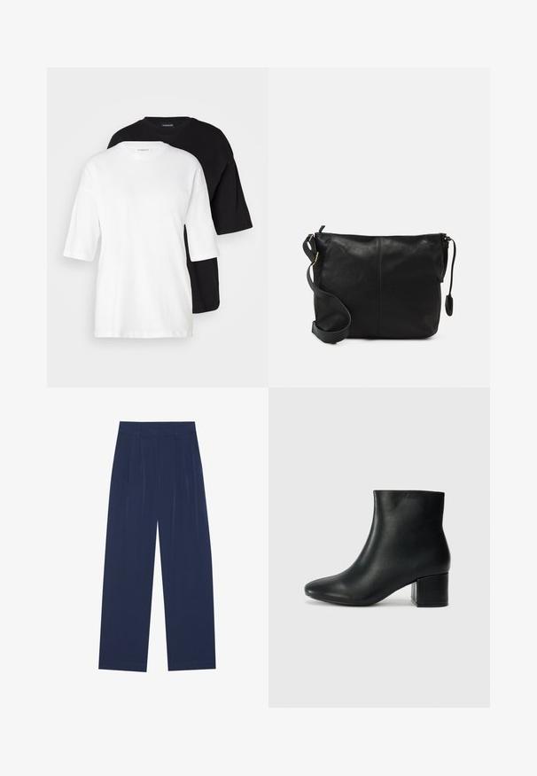 Two short-sleeve t-shirts, one white and one black, made of cotton. Features a crew neckline and a loose, relaxed fit with a smooth texture.; Navy blue wide-leg pants made of soft fabric, featuring front pleats, a smooth texture, and a straight fit with no visible pockets.; Black leather ankle boots with a pointed toe and a chunky heel. Smooth texture with minimal accents and a sleek, fitted design.; Black leather crossbody bag with a flat shape, gold hardware accents, and an adjustable strap. Smooth texture with minimal stitching details.