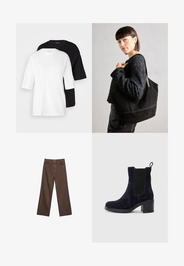 Dve majice s kratkimi rokavi, ena bela in ena črna, narejene iz bombaža. Imajo okrogel izrez in ohlapen, sproščen kroj z gladko teksturo.; Široke rjave kavbojke iz denima, ki imajo visok pas, sprednje žepe in klasično zapiranje na gumb. Gladka tekstura s subtilnim šivom.; Temno modre semiš čevlje do gleženj z elastiko na strani, okroglo konico in blokastim peto. Tekstura tkanine in gladek podplat dodajata kontrast.; Črna semiš torbica z gladko teksturo, strukturirano obliko in kontrastnim šivanjem. Ima dolge naramnice za nošenje na rami.