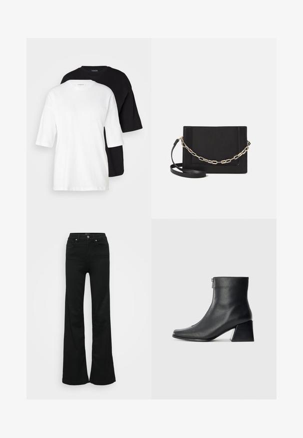 Du sieno trumpomis rankovėmis marškiniai, vieni balti ir kiti juodi, pagaminti iš medvilnės. Yra apvalus kaklas ir laisvas, atsipalaidavęs sluoksnis su lygia tekstūra.; Juodos plačios džinsinės kelnės, pagamintos iš denimo, su aukštu liemeniu, penkiomis kišenėmis ir metaliniu sagčių uždarymu. Lygi tekstūra su minimaliu dekoravimu.; Juodas odinis kulkšninis botas su kvadratiniu pirštu, šoniniu užtrauktuku ir blokuotu kulnu, prieš lengvą paprastą foną.; Juodas odinis per petį nešiojamas krepšys turi lygų paviršių, stačiakampio formą ir metalinę grandinėlę priekyje. Pridedama reguliuojama dirželis.