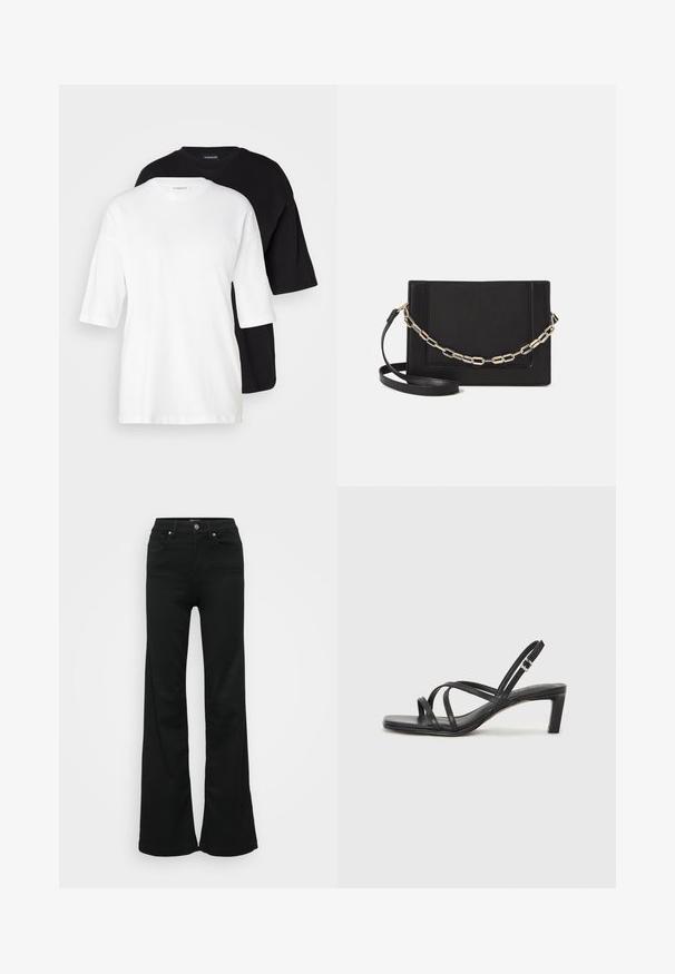 Two short-sleeve t-shirts, one white and one black, made of cotton. Features a crew neckline and a loose, relaxed fit with a smooth texture.; Black flared jeans made from denim, featuring a high waist, five pockets, and metal button closure. Smooth texture with minimal detailing.; Black strappy sandal with a square toe and a low block heel. Features multiple thin straps and an adjustable ankle strap. Made of smooth leather.; Black leather crossbody bag featuring a smooth texture, rectangular shape, and a metallic chain detail on the front. Adjustable strap included.