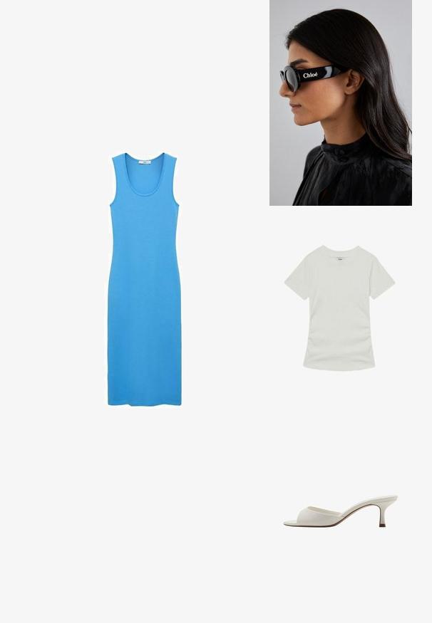 Reiss REGULAR FIT - T-shirt basic - white; Blauwe tankjurk van soepel, rekbaar materiaal, met een ronde halslijn en een aansluitende, enkellange snit. Geen zichtbare patronen of hardware.; Witte open-toed hoge hakken met een gladde afwerking, minimalistisch ontwerp en een slanke hak, met een subtiele bruine accent op de zool.; Zwarte zonnebril met ronde glazen en gedurfde, hoekige monturen met het merk "Chloé" in het wit aan de zijkant. Glad, glanzend afwerking.; Zilveren en gouden vierkante horloge met een lichtgrijze wijzerplaat, drie subdials en gouden accenten. Voorzien van een gestructureerde armband met een bicolor ontwerp.