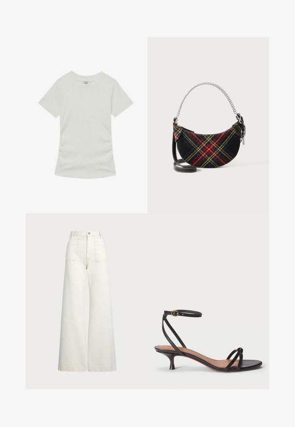 Reiss REGULAR FIT - Osnovna majica kratkih rukava - white; Široke traperice u boji krem-paleža. Visoki struk s kopčanjem na dugme, dva prednja džepa i kontrastni šavovi.; Polo Ralph Lauren LEATHER KITTEN-HEEL SANDAL - Klasične cipele s visokom petom - black; Torba s tartan uzorkom izrađena od vune, polukružnog oblika, sa srebrnim lančićem za nošenje i odvojivim remenom od crne kože.