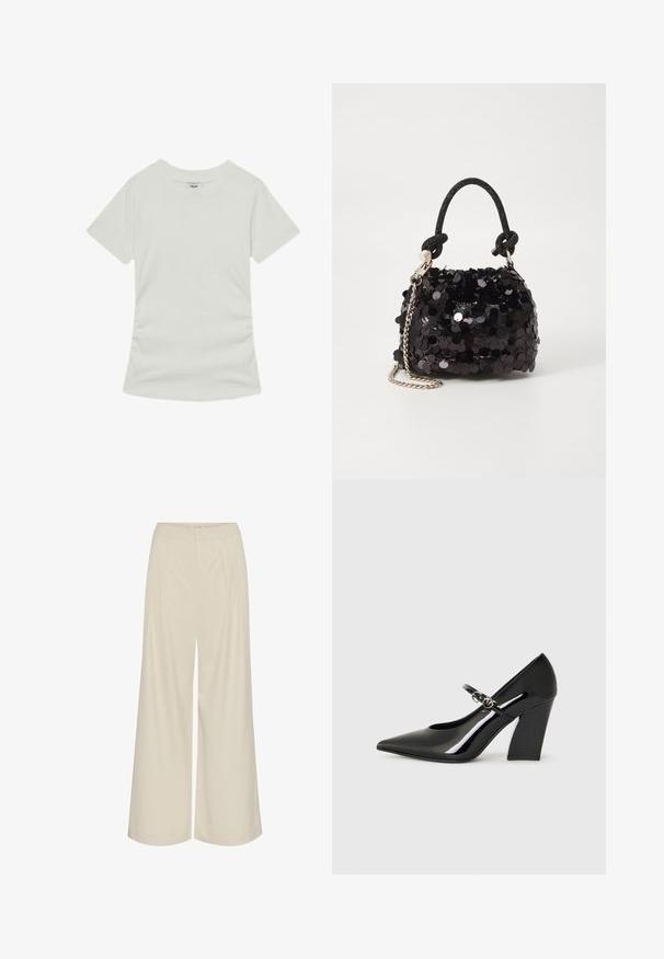 Reiss REGULAR FIT - T-shirt basic - white; Wijdbenige broeken van een lichtbeige stof, met plooien, een hoge taille en een gladde textuur zonder zichtbare versieringen.; Zwarte lakleren hoge hak met een spitse neus, een stevige hak en een bandje met metalen hardwaredetails.; Zwarte pailletten mini handtas met een geknoopte textuurriem en zilveren ketting. Rondvormig met een geplooide bovenkant en reflecterende details.
