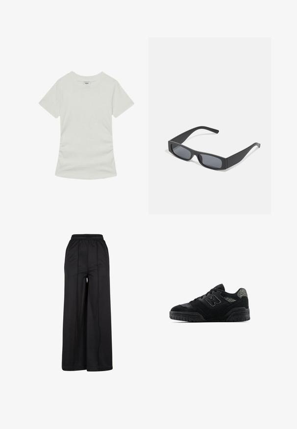 Reiss REGULAR FIT - T-shirt basic - white; Zwarte wijde broek met een elastische tailleband, zacht fabricage en zichtbare stikseldetails. Het heeft een losse, vloeiende silhoeet.; Zwarte low-top sneaker met een gestructureerde zool, vetersluiting, suède panelen en een patroonaccent op de hiel en het zijlogo.; Zwarte rechthoekige zonnebril met donkere lenzen en dikke matte monturen. De zijstukken zijn licht taps toelopend met een gladde textuur.