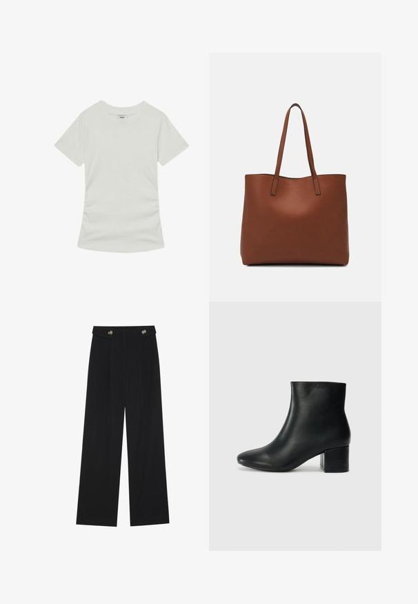 Reiss REGULAR FIT - Basic T-shirt - white; Black wide-leg trousers with high waist, button details on waistband, and front pleats.; Black leather ankle boots with a pointed toe and a chunky heel. Smooth texture with minimal accents and a sleek, fitted design.; Brown leather tote bag with a smooth texture, open top design, and two shoulder straps. Features minimal stitching and no visible hardware.