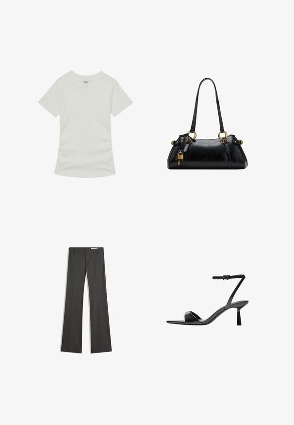 Reiss REGULAR FIT - T-shirt basic - white; Pantaloni grigi a campana in un tessuto morbido, con vita piatta, passanti per la cintura e un design su misura con linee pulite.; Bershka Sandali con tacco - black; Borsa a mano in pelle nera con una texture liscia, forma arrotondata, dettagli in hardware dorato e doppi manici. Presenta un lucchetto decorativo sul lato.