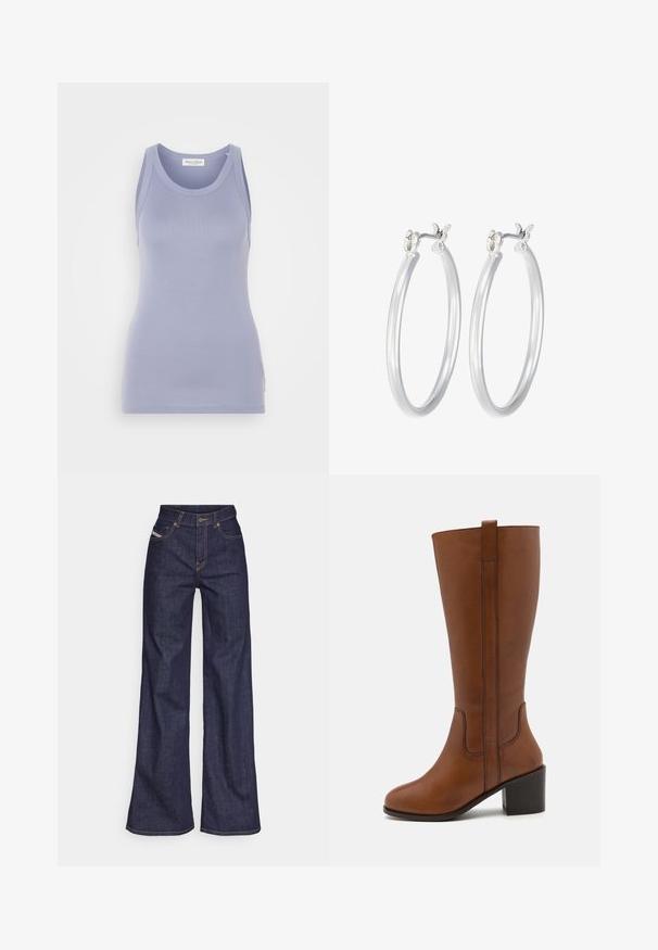 Top a canotta lavanda chiaro con una vestibilità aderente, realizzato in un tessuto a maglia morbido. Presenta un collo rotondo e spalline larghe, con un branding minimale.; Jeans a gamba larga di denim blu scuro con vita alta, caratterizzati da cuciture arancioni, design a cinque tasche e chiusura con bottone.; Stivale marrone in pelle fino al ginocchio con punta arrotondata, cuciture laterali e tacco a blocco. Caratterizzato da un pratico linguetta sul retro per facilitare la calzata.; Orecchini a cerchio in argento con una finitura liscia e lucida. Forma rotonda e chiusura a scatto sicura. Design leggero adatto per l'uso quotidiano.