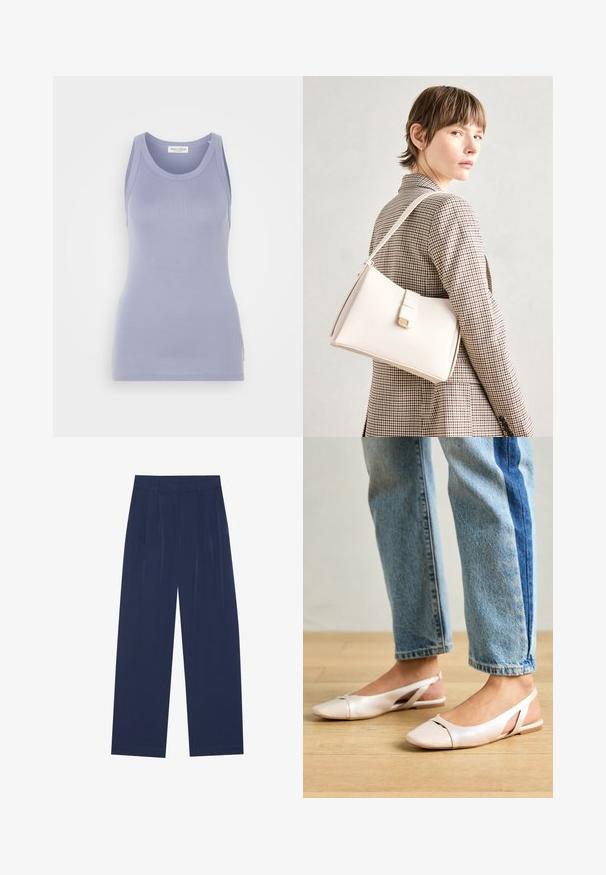 Lys lavendel tanktop med en tettsittende design, laget av et glatt strikket stoff. Har rund hals og brede skulderstropper, minimal merking.; Marineblå bukser med vide ben laget av mykt stoff, med frontfolder, en glatt tekstur og en rett passform uten synlige lommer.; Lys rosa slingback leiligheter med spiss tå, laget av et glatt, læraktig materiale. Har utskjæringer på sidene og lav hæl.; Hvit lær veske med en strukturert design, med magnetlås og skulderstropp, vist mot en nøytral bakgrunn.