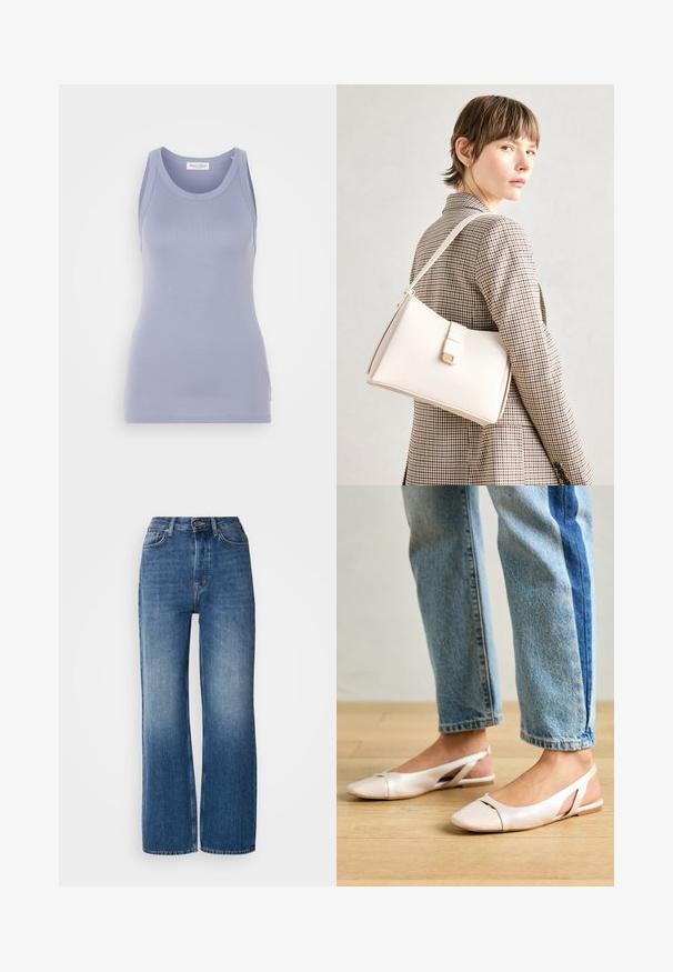 Light lavender tank top with a fitted design, made from a smooth knit fabric. Features a round neckline and wide shoulder straps, minimal branding.; High-waisted, wide-leg blue denim jeans with a gradient wash, copper stitching, a front button closure, and five pockets.; Pale pink slingback flats with a pointed toe, made from a smooth leather-like material. Features cut-out details at the sides and a flat heel.; White leather handbag with a structured design, featuring a magnetic clasp and a shoulder strap, showcased against a neutral background.