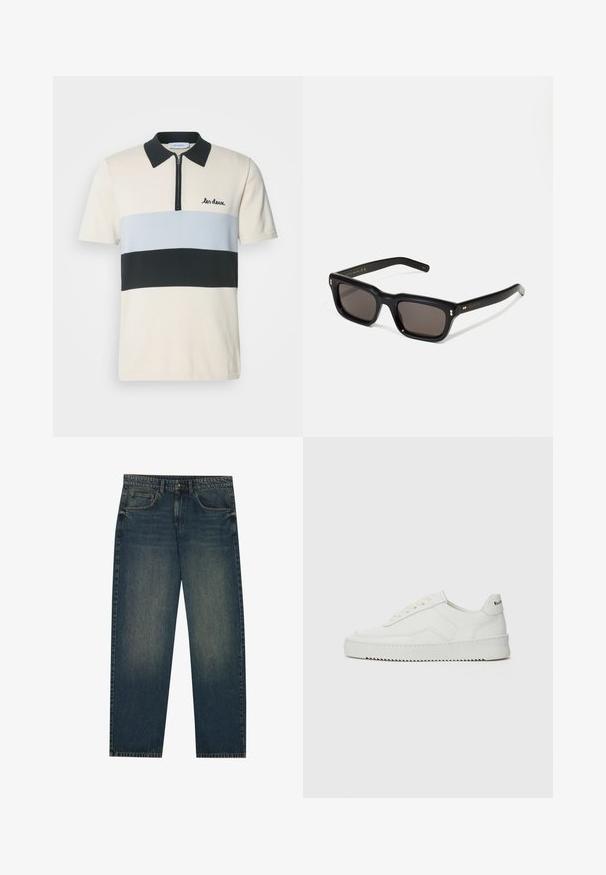 Les Deux RAUL - Bluză polo - ivory/black; Jeans din denim de culoare albastru închis, cu un croi drept, design cu cinci buzunare și o textură ușor decolorată pe picioare. Potrivit pentru ținute casual.; Sneakers din piele albă cu un finisaj neted, vârf rotund, șireturi plate și o talpă texturată. Prezintă un logo subtil pe călcâi.; Ochelari de soare negri, rectangul care au lentile întunecate, ramă din plastic gros, accente aurii pe brațe și logo-ul brandului gravat pe mâner.