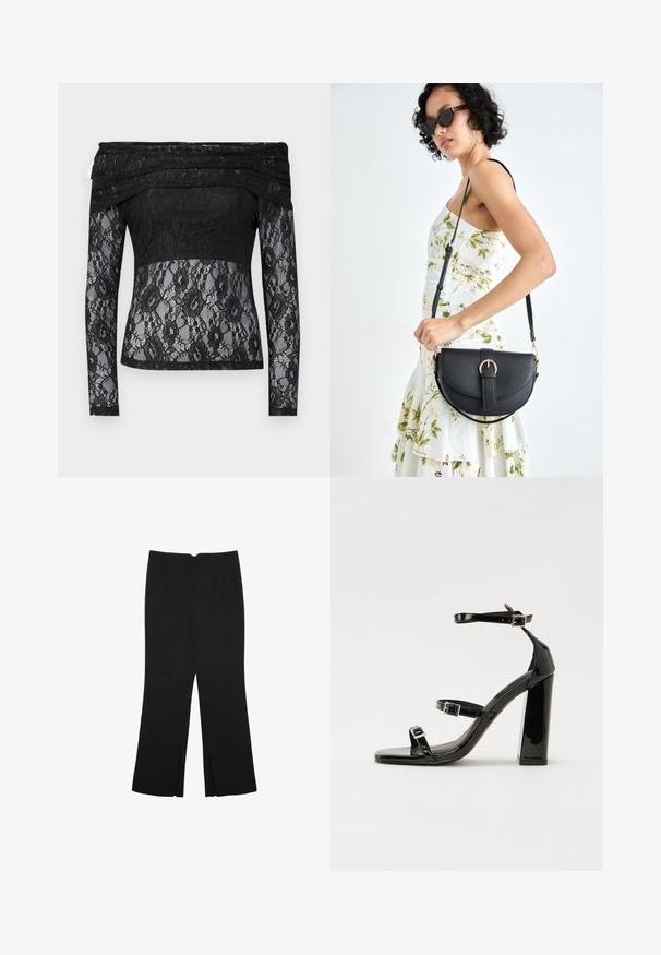 Crna čipkastu majicu s dugim rukavima i dizajnom bez naramenica. Sadrži cvjetni uzorak, prozračnu teksturu i čvrsti materijal na struku.; Crne hlače ravnog kroja, s prednjim džepovima i bočnim prorezima na rubu. Izrađene od mekog i glatkog materijala. Pogodne za razne prigode.; Crne lakirane sandale na pete sa kvadratnim nosom, trakama oko gležnja i srebrnim kopčama. Imaju čvrst blok petu za stabilnost.; Crna kožna torba s lukovitim oblikom, odvojivim remenom i zlatnim detaljima. Torba ima preklop s kopčom.