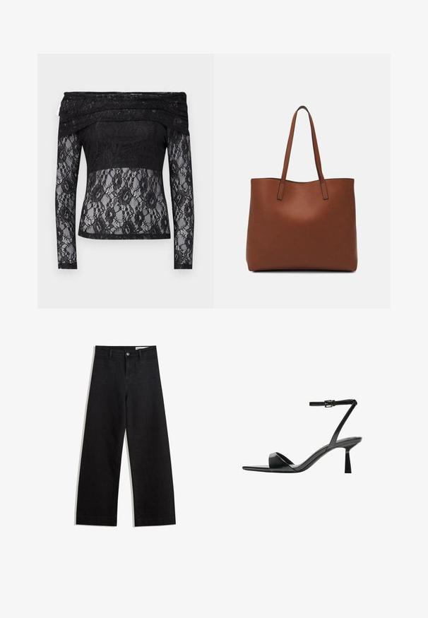 Top din dantelă neagră cu mâneci lungi și design căzut pe umeri. Prezintă un model floral, o textură transparentă și un panou de țesătură solidă la talie.; Pantaloni din denim negri cu picioare largi, cu talie înaltă, având buzunare frontale și posterioare, cusături dublate și închidere cu nasture. Textură netedă.; Bershka Sandale cu toc - black; Geantă de umăr din piele maro cu o textură netedă, design cu vârf deschis și două curele pentru umăr. Prezintă cusături minime și fără componente metalice vizibile.