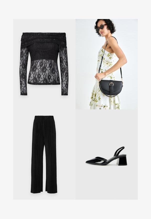 Fekete csipke felső hosszú ujjal és váll alatti dizájnnal. Virágmintás, áttetsző textúrájú, és szilárd anyagból készült panellel rendelkezik a deréknál.; Fekete pliszírozott nadrág gumis derekkal. Széles lábakkal rendelkezik, sima, texturált anyagból készült, függőleges csíkokkal.; Fekete lakk bőr szandálkés magas sarkú cipő, hegyes orral és geometrikus tömbsarkakkal. Karcsú, minimalista dizájn és sima textúra jellemzi.; Fekete bőrtáska ívelt formával, levehető pánttal és arany színű fémrészekkel. A táskán egy csattal díszített fedél található.