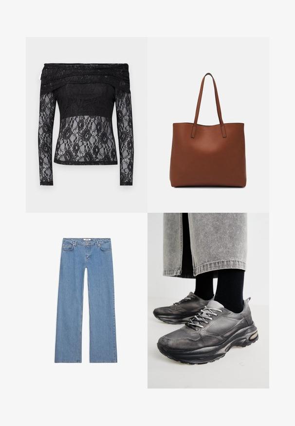 Black lace top with long sleeves and off-the-shoulder design. Features a floral pattern, sheer texture, and solid fabric panel at the waist.; Light blue wide-leg jeans made of denim, featuring a five-pocket design, button closure, and stitched detailing along the seams and hems.; Black and gray athletic shoes feature a mesh upper, thick soles, and laces. They have a rounded toe and visible cushioning detail.; Brown leather tote bag with a smooth texture, open top design, and two shoulder straps. Features minimal stitching and no visible hardware.