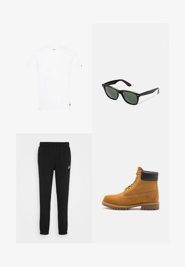 White cotton t-shirt with a crew neck, short sleeves, and a straight cut. Features a small black logo on the left sleeve.; Black sweatpants with an elastic waistband, cuffed ankles, and a small white Nike logo on the left side. Made from soft textured fabric.; Tan suede ankle boot with black padded collar, gold metal eyelets, white stitching detailing, and rugged rubber sole with pronounced treads.; Black plastic sunglasses with green lenses, square frames, silver accent on the brow, and textured temple arms. Stated brand on inner arm.