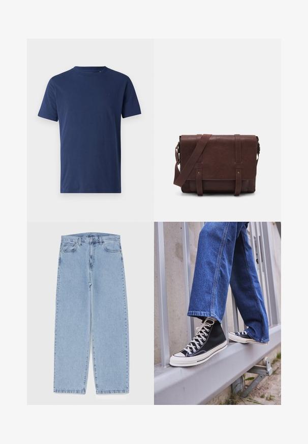 Tamsiai mėlynas trumpas rankovės marškinėliai, apvaliu kaklu, pagaminti iš medvilnės, su mažai matomu logotipu ant krūtinės ir glotnia tekstūra.; Šviesiai mėlyni džinsai su tiesiomis kojomis, turintys vidutinio aukščio juosmenį, penkias kišenes ir mygtuko bei užtrauktuko uždarymą.; Juodi aukšti sportiniai bateliai su baltu padu ir raišteliais, derinami su laisvai krentančiais mėlynais džinsais, atremti į pilką turėklą.; Rudas odinis paštininko krepšys su lygiu priekiniu dangčiu, dviem diržais, auksiniais detalėmis ir reguliuojamu peties diržu.; Sidabro nerūdijančio plieno laikrodis su apvaliu žaliu ciferblatu, sidabro spalvos valandų žymekliais, datos rodmeniu ir metaline grandinėle. Atsparus vandeniui iki 50 metrų.
