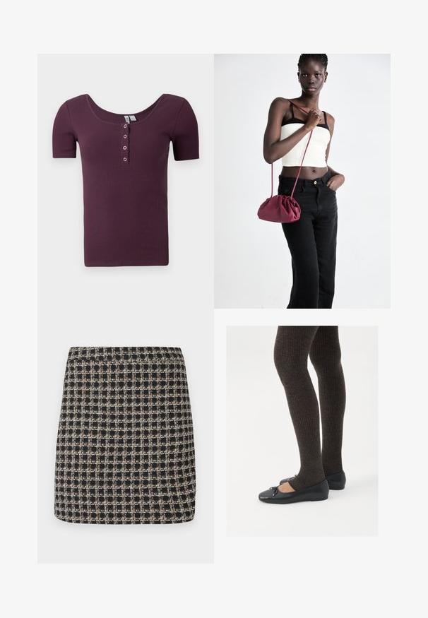 Maglietta henley a maniche corte in morbido tessuto ribbed di colore prugna con scollo tondo e quattro bottoni a pressione argentati sulla patta anteriore.; Gonna mini a quadri neri e beige con una trama texturizzata e un elastico in vita liscio, caratterizzata da una vestibilità strutturata e un design semplice.; Scarpe nere a flat con un piccolo fiocco sulla punta, abbinate a collant a coste marrone scuro. Le scarpe hanno una texture liscia e un profilo basso.; Borsa a tracolla in morbido tessuto bordeaux con design arricciato e una lunga tracolla, indossata a tracolla. Il modello indossa un top corto bianco e jeans neri.