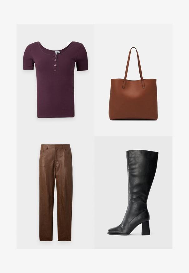 Kortærmet, ribbet blommefarvet henley skjorte med bådudskæring og fire sølvfarvede trykknapper på fronten.; Brune læderbukser med en glat tekstur, lige ben-design og to sidelommer. Har synlige stikningsdetaljer.; Sort knæhøj læderstøvle med spids tå og blokhæl mod en ensfarvet lys baggrund.; Brun læder tote taske med en glat overflade, åben topdesign og to skulderremme. Har minimal syning og ingen synlig hardware.