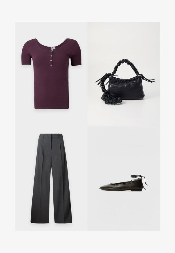 Krátky rukáv, rebrované plavková fialová henley tričko s výstrihom a štyrmi striebornými patentkami na prednom zapínaní.; Nohavice s širokými nohavicami z tmavošedej látky, s vysokým pásom, jedinými záhybmi a hladkou textúrou s čistým zakončením na lemoch.; Čierne kožené baletky s špicatou špičkou, viazaním okolo členka a plochou podrážkou, s hladkou textúrou a minimalistickým dizajnom.; Čierna umelá kožená kabelka s kroko vzorom, sťahovaným vrchom a zhnutým popruhom. Vyzerá mäkko a kompaktné v dizajne.