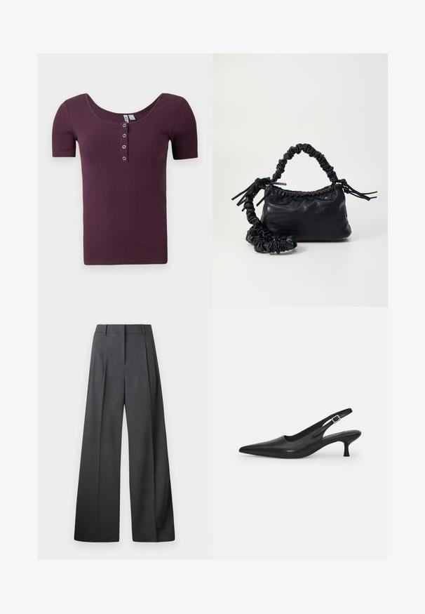 Lühikeste varrukatega, soonikkoes ploomipunane henley särk, õlavarrekaela ja nelja hõbedase nööbiga eesmise plakati peal.; Tumesed püksid tumesinises kangas, kõrge vöökoht, üks voldik ning sile struktuur puhaste ääristega.; Mustmustast musta nahast slingback king, millel on terav varvas ja kitsas, kumer konts. Omab diskreetset reguleeritavat rihma metallist pandlaga.; Must must sünteetilisest nahast käekott, millel on krokodillimuster, kokku tõmmatav ülaosa ja kortsus rihm. Tundub pehme ja kompaktne disain.
