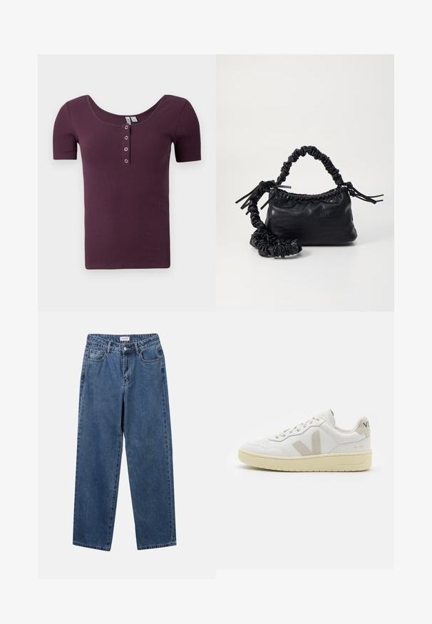 Kortærmet, ribbet blommefarvet henley skjorte med bådudskæring og fire sølvfarvede trykknapper på fronten.; Klassiske blå denimbukser med lige ben, fem lommer og knaplukning. Har en medium vask og en robust tekstur.; Hvide lærreds sneakers med beige ruskindsdetaljer, perforeret tåboks, flade snørebånd og en struktureret cremefarvet sål. Har diskret branding på hælen.; Sort kunstlæder håndtaske med krokodilteksur, indsnøret top og en sammenkrøben rem. Ser blød og kompakt ud i designet.