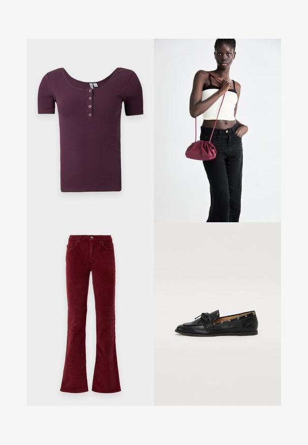 Rövid ujjú, bordó színű, bordázott henley póló mély dekoltárral és négy ezüstszínű patentgombbal az elején.; Burgundi kordbársony, trapéz szabású nadrág elöl zsebekkel, övbújtatókkal és gombzárral, sima fehér háttér előtt.; Fekete bőr lófarok cipők, megkötött masnival, arany szemcsés díszítéssel az oldalán és lapos gumitalppal. Simaság, klasszikus dizájn.; Burgundy puha anyagú kézitáska, ráncolt dizájnnal és hosszú pánttal, keresztben hordva. A modellen fehér rövid top és fekete farmer van.