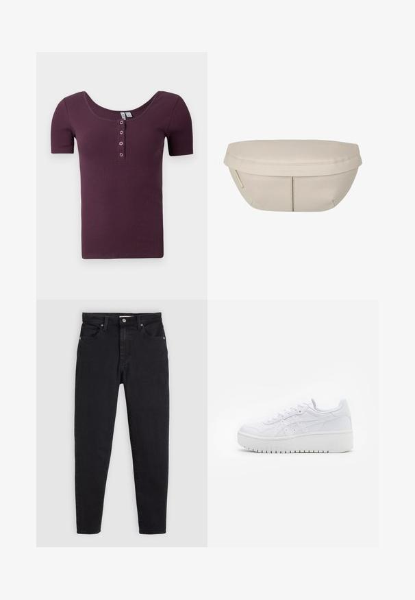 Krátký rukáv, žebrované tričko henley v barvě švestkové fialové s kulatým výstřihem a čtyřmi stříbrnými patentkami na přední léze.; Černé slim-fit džíny s knoflíkovým a zipovým zapínáním, pěticípým designem a poutky na opasek na světle šedém pozadí.; Bílé platformové tenisky s hladkým koženým povrchem, perforovanými detaily a plochými tkaničkami; mají silnou bílou gumovou podrážku.; Beige textilní taštička s kulatým tvarem, která má plochý vršek a jemné švy. Obsahuje minimalistické logo a boční popruh.
