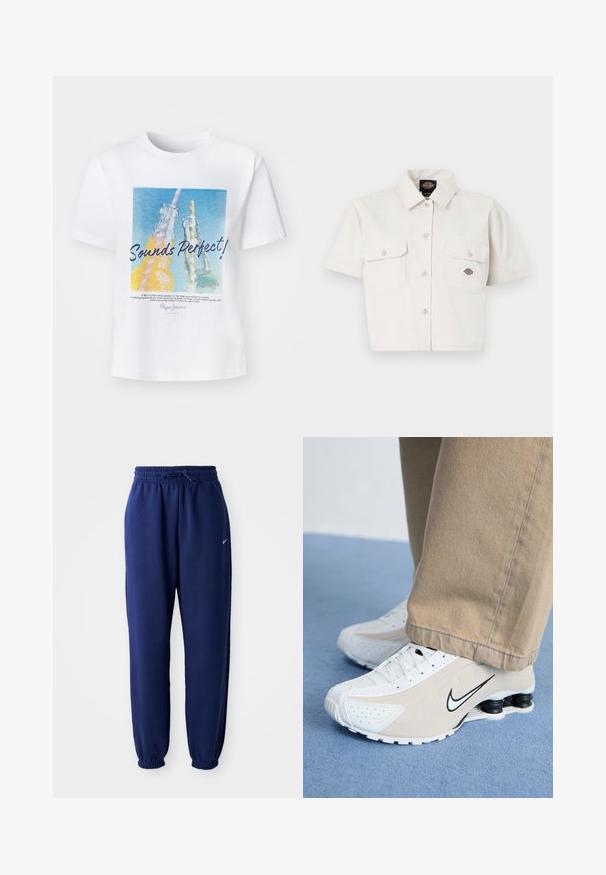 Valge puuvillane T-särk, millel on värviline graafika kahe klaaspudeli ja paeladega, koos tekstiga "Tundub täiuslik!" tugevas fondis.; Lühikeste varrukatega, lühikeseks lõigatud valgest puuvillast särk, millel on kaks rinnataskut, nööbid ees ja logopatch vasakus taskus.; Tumesinine dressipluus, mis on valmistatud pehmest kangast, elastse vöökoha ja nööriga, elastsete mansettide ning väikese valge logoga.; Valged ja beežid Nike'i tossud, millel on perforatsioonimuster, must swoosh-logo, tekstuurne pealis ja eriline veniv must konts.