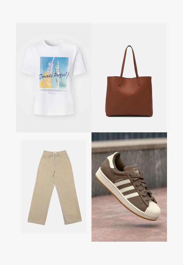 Bílá bavlněná tričko s barevným grafickým motivem dvou skleněných lahví se brčky a textem "Zní to perfektně!" v tučném písmu.; Beige kalhoty s širokými nohavicemi vyrobené z denimu, s vysokým páskem, předními kapsami a kontrastním prošíváním. Design zahrnuje zapínání na knoflík.; Hnědé semišové tenisky s bílými pruhy, krémovými akcenty a gumovou špičkou. Obsahují šněrovací design a strukturovanou gumovou podrážku.; Hnědá kožená taška přes rameno s hladkou texturou, otevřeným designem a dvěma ramenními popruhy. Obsahuje minimální švy a žádné viditelné kovové prvky.