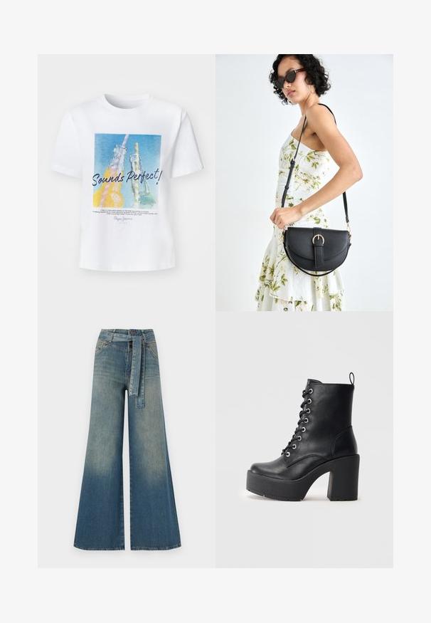 White cotton t-shirt featuring a colorful graphic of two glass bottles with straws and the text "Sounds Perfect!" in a bold font.; Wide-leg denim trousers featuring a light to dark blue gradient, high waist, belt loops, and a matching fabric belt. Textured denim finish.; Black leather ankle boot with a chunky block heel, lace-up front, and textured surface. Features a tab on the back for easy wear.; Black leather handbag with a curved shape, detachable strap, and gold hardware. The bag features a flap with a buckle detail.