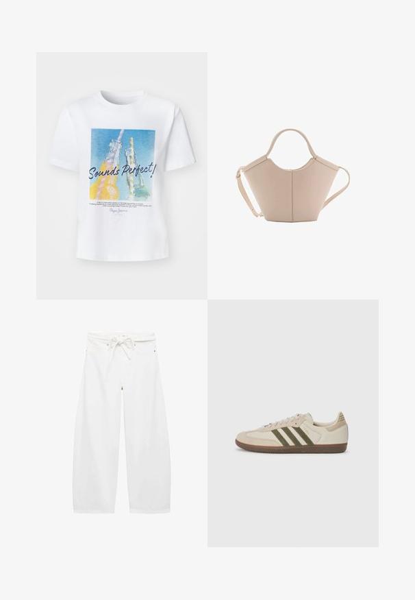 Bílá bavlněná tričko s barevným grafickým motivem dvou skleněných lahví se brčky a textem "Zní to perfektně!" v tučném písmu.; Bílé široké kalhoty vyrobené z lehkého materiálu, s elastickým pasem na stažení, dvěma předními kapsami a jednoduchými kovovými doplňky.; adidas Originals SAMBA OG UNISEX - Tenisky - alumina/medium dark khaki/gum; Beige kožená kabelka s jedinečným tvarem, vybavená dvěma krátkými uchy a dlouhým nastavitelným popruhem. Hladká textura s minimem kovových doplňků.