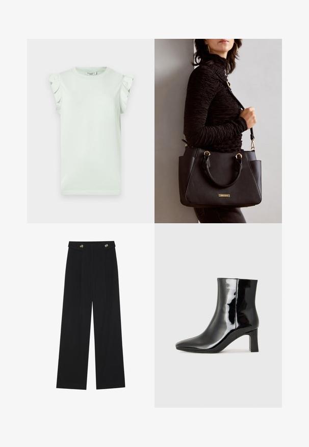 Light green t-shirt with short sleeves and ruffled accents at shoulders. Made of soft cotton, featuring a crew neckline and straight hem.; Black wide-leg trousers with high waist, button details on waistband, and front pleats.; Black patent leather ankle boot with a pointed toe and a mid-height block heel. Smooth texture and minimalist design.; Black handbag with textured surface, dual top handles, and adjustable shoulder strap. Features gold-tone hardware and side pockets.