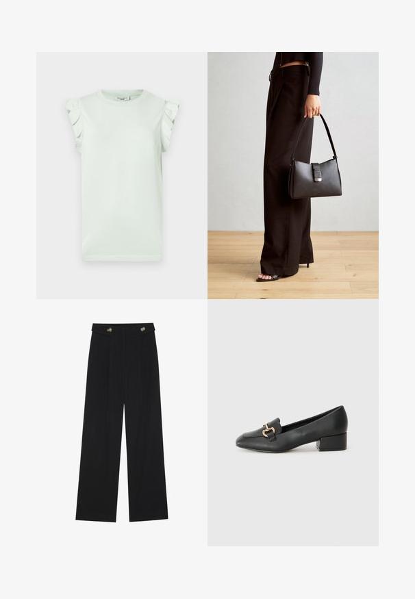 T-shirt verde chiaro con maniche corte e dettagli arricciati sulle spalle. Realizzato in morbido cotone, presenta un collo rotondo e orlo dritto.; Pantaloni neri a gamba larga con vita alta, dettagli con bottoni in vita e pieghe frontali.; Mocassini in pelle nera con tacco piatto, dotati di un dettaglio decorativo in metallo dorato nella parte anteriore e una superficie liscia.; Borsa nera con forma strutturata, texture liscia e una chiusura metallica. Abbinata a pantaloni neri larghi e sandali open-toe su un pavimento in legno.