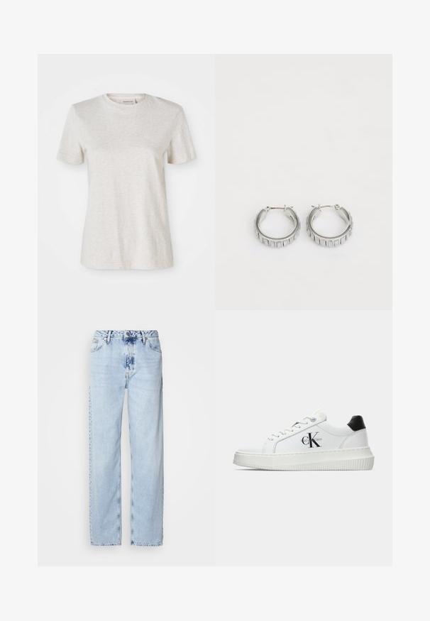 Lys grå kortærmet T-shirt lavet af en blød bomuldsblanding, med en rund halsudskæring og et lille broderet logo på brystet.; Lyseblå brede jeans lavet af denim, med høj talje, falmet vask og subtil tie-dye mønster langs fronten.; Hvide lavtoppede sneakers med sort hælkænke, platformssål, snørebånd og Calvin Klein "CK" logo på siden.; Sølv hoop øreringe med et struktureret design, der har lodrette riller. Cirkelformede med en sikker lås. Glat finish.