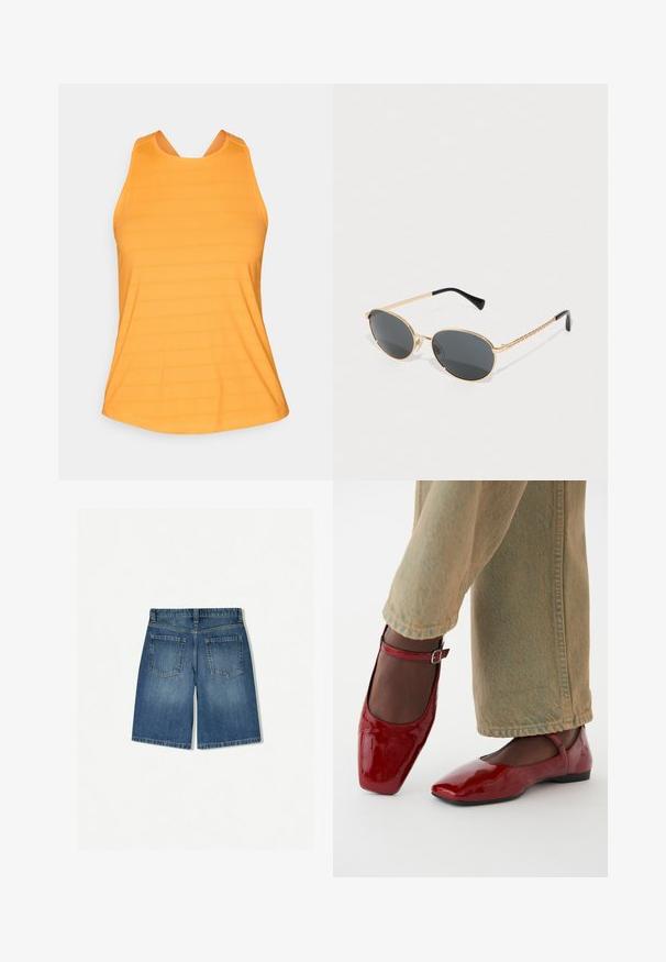 Narančasta atletska majica bez rukava s teksturiranim uzorkom, koja ima izrez u obliku supe i široke naramenice za podršku i lakoću pokreta.; Traper šorts u srednje plavoj boji s opuštenim krojem, koji sadrže dva stražnja džepa i čistu, ravnu donju ivicu. Klasičan dizajn s pet džepova.; Crvene lakirane cipele s kvadratnim vrhom, niskom petom i remenom oko gležnja, uparene s laganim svijetlozelenim širokim trapericama. Glatka tekstura, reflektirajuća površina.; Ovalne sunčane naočale s tamnim staklima, zlatnim metalnim okvirom i pletenim zlatnim bočnim dijelovima. Crni vrhovi na drškama dodatno ističu dizajn.